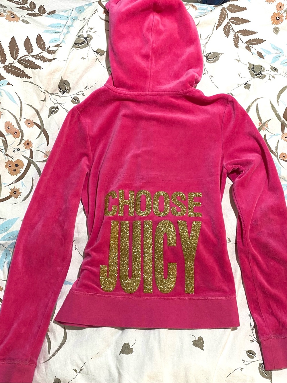 Medium Juicy Couture Y2K velour hot pink and gold sparkle zip up jacket💓👑